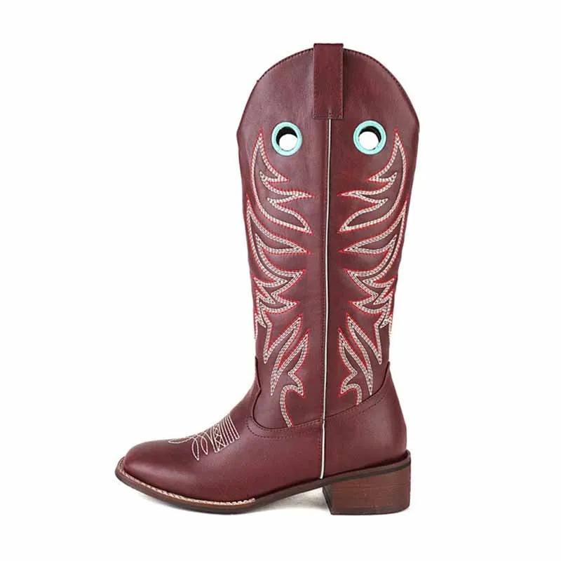 Women's Embroidered Squared Toe Western Medieval Retro Cowboy Boots