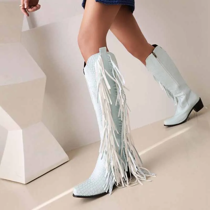 Women's Fringe Cowgirl Boots Western Boot Chunky Stacked Heel Booties
