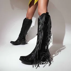 Women's Fringe Cowgirl Boots Western Boot Chunky Stacked Heel Booties
