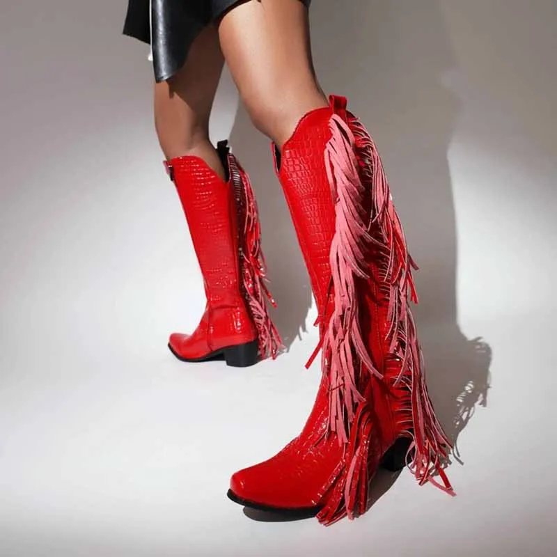 Women's Fringe Cowgirl Boots Western Boot Chunky Stacked Heel Booties