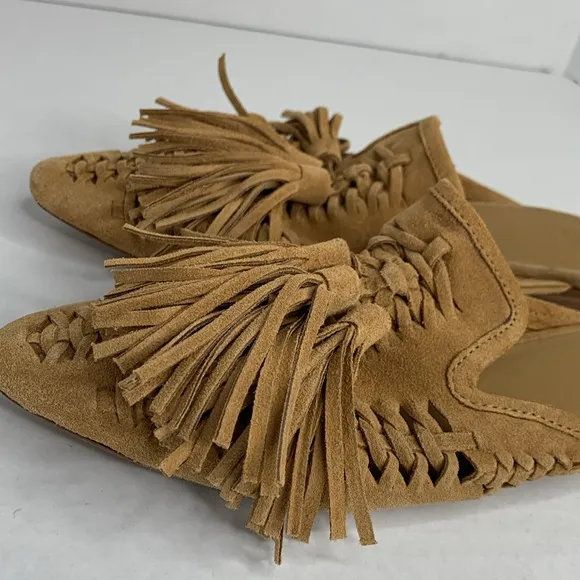 Zara open back woven tan suede tasseled flat loafers