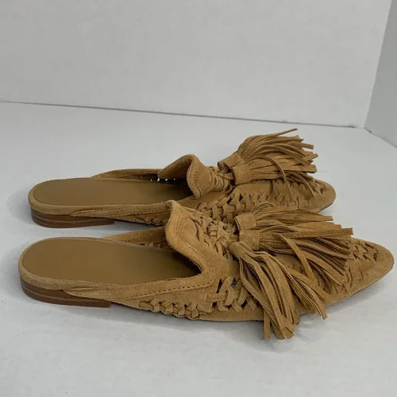 Zara open back woven tan suede tasseled flat loafers