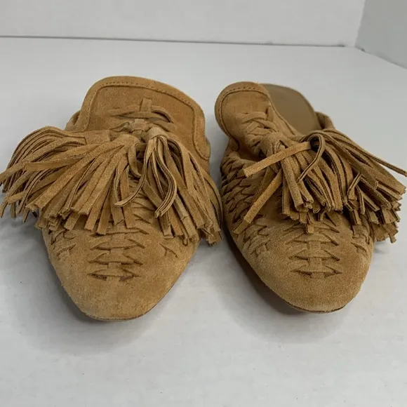 Zara open back woven tan suede tasseled flat loafers