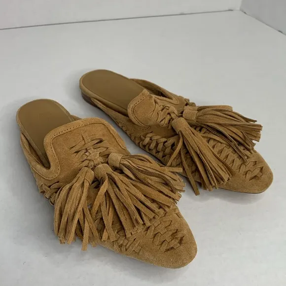 Zara open back woven tan suede tasseled flat loafers