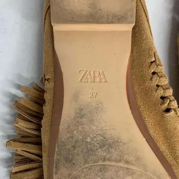 Zara open back woven tan suede tasseled flat loafers