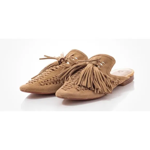 Zara open back woven tan suede tasseled flat loafers