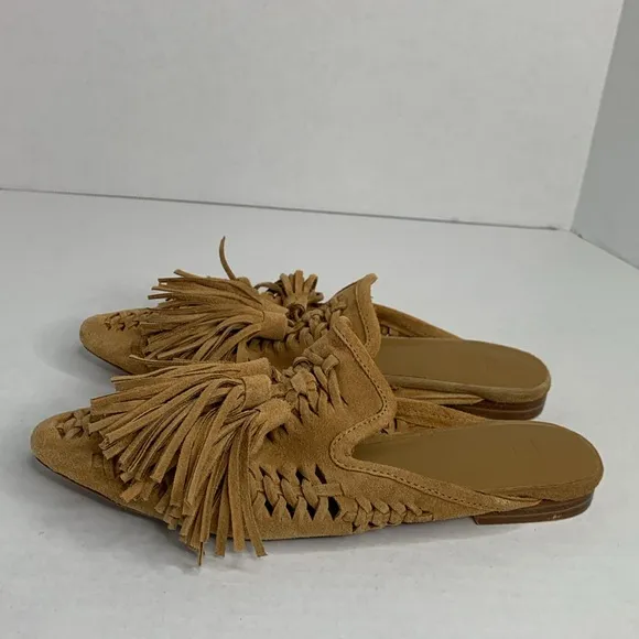 Zara open back woven tan suede tasseled flat loafers