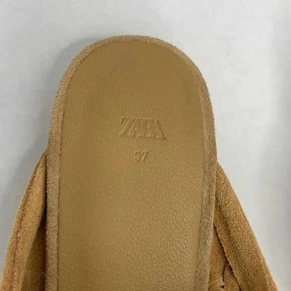 Zara open back woven tan suede tasseled flat loafers