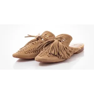 Zara open back woven tan suede tasseled flat loafers