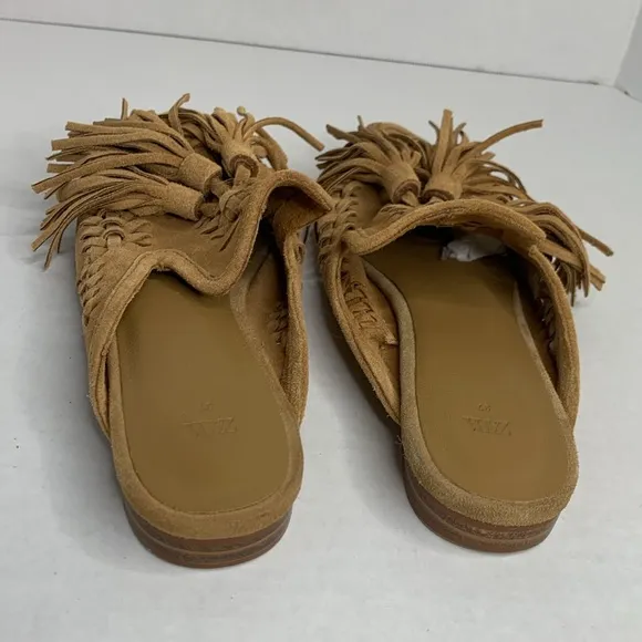 Zara open back woven tan suede tasseled flat loafers
